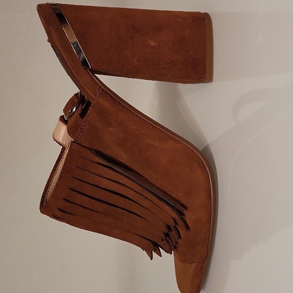 Mango Fringe Suede Women's Open-toe Tall Block-heel Sandals / Sz 7.5 /Tan - Picture 4 of 17